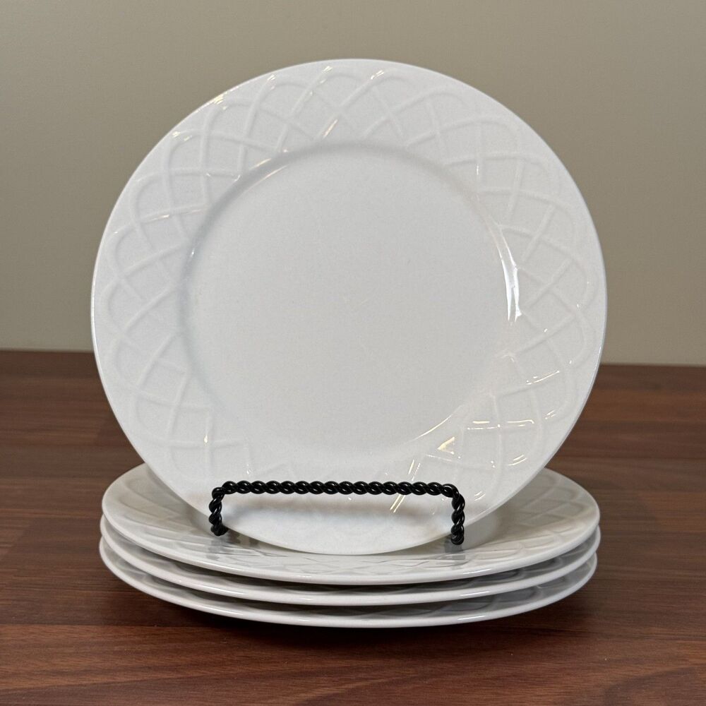 4 Oneida PICNIC Bright White 7.75" Salad Plates Basket Weave